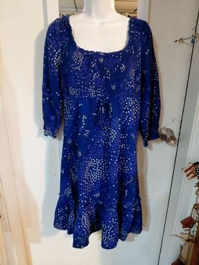 Free People Blue Dot Print Smocked Waist Peasant Dress
